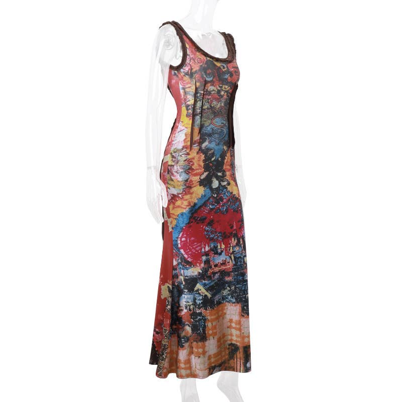 Stylish And Retro Tie-Dyed Printed U-Neck Dress