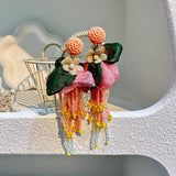 BOHO LONG TASSEL EARRINGS HANDMADE FABRIC FLOWERS_CWMM6165