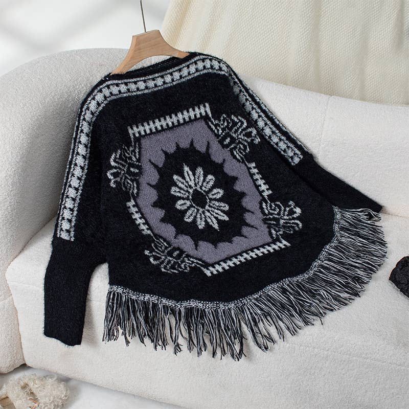Womens Loose Long-Sleeved Knitted Tassel Cape