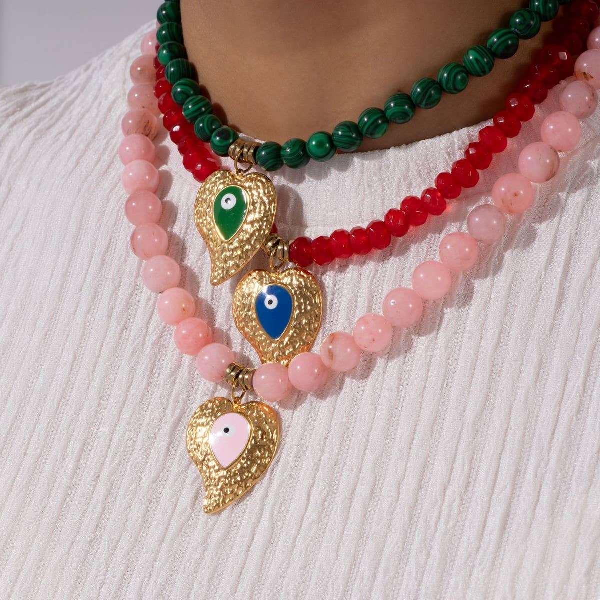 COLORFUL BEADS MALACHITE EVIL EYE HEART NECKLACE_CWMM7537