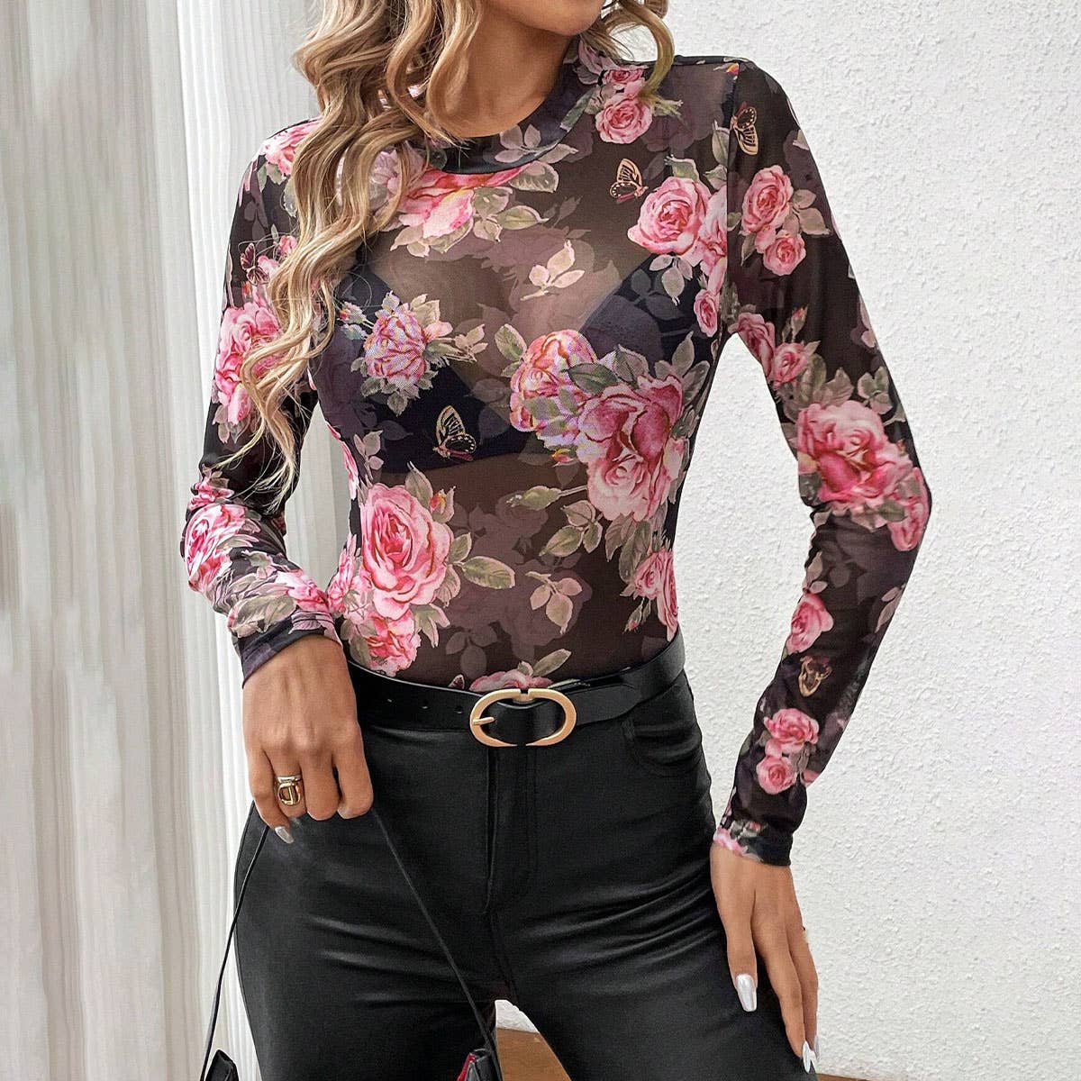 SEMI SHEER ROSE PRINT CHIFFON MESH LACE TOP_CWTBLL3424