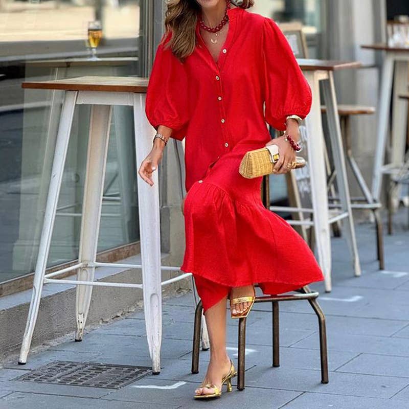 Stand Collar Single-Breasted Dress