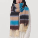 Women Contrasting Striped Fringed Plaid Scarf