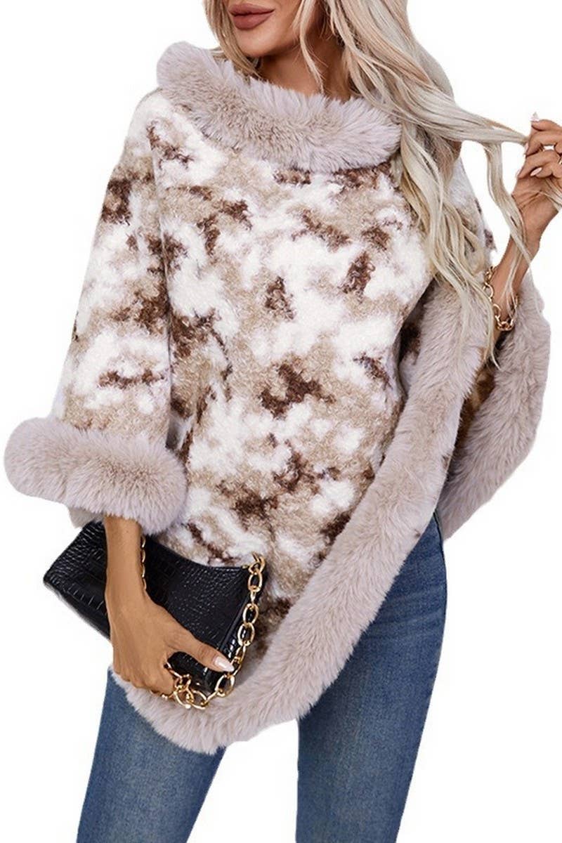 Cwosws0092_Leopard Print Knitted Cape With Fur Collar