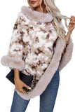 Cwosws0092_Leopard Print Knitted Cape With Fur Collar