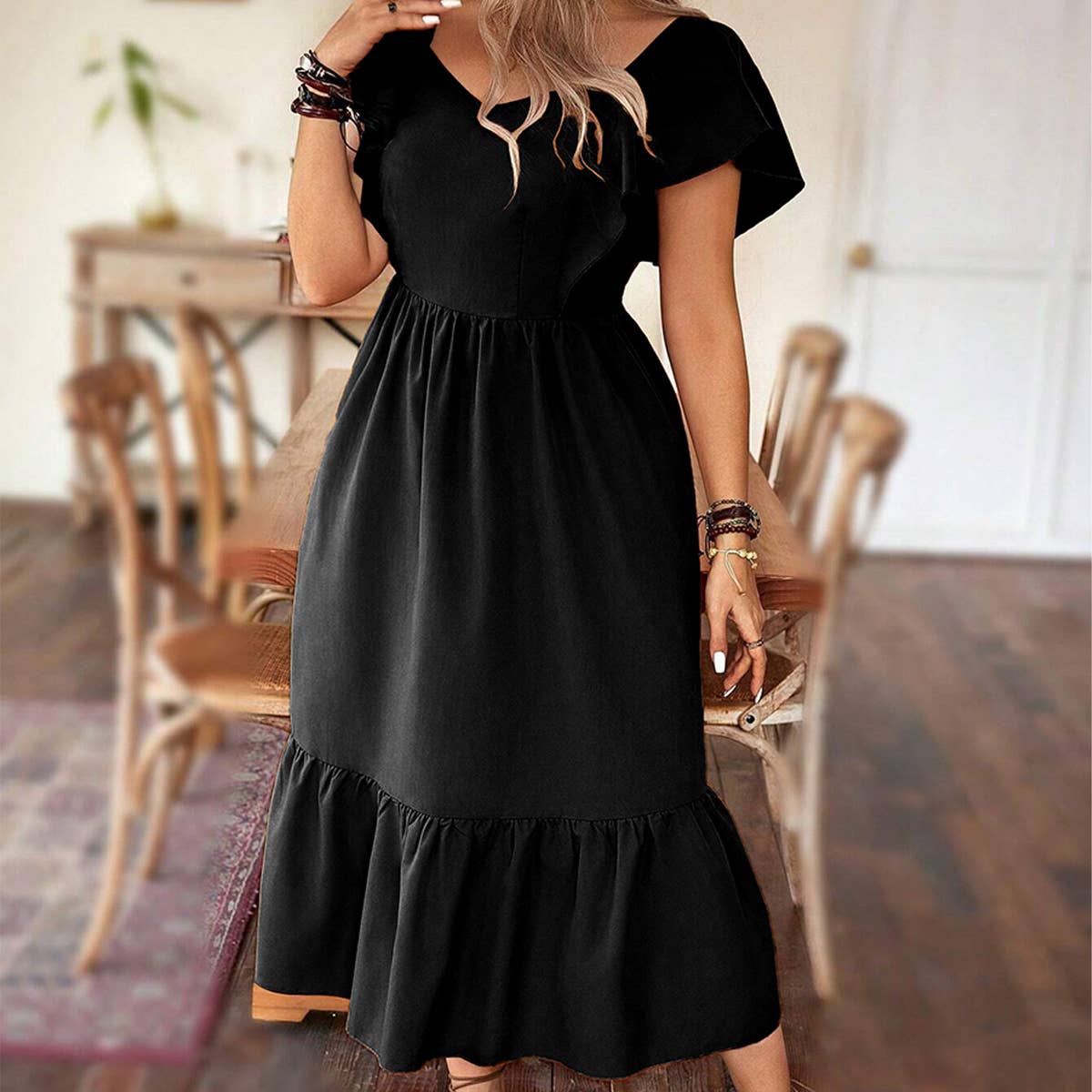 FRENCH STYLE MIDI DRESS RUFFLE BACKLESS_CWDHL1041