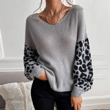 V-Neck Knit Leopard Print Patchwork Sweater