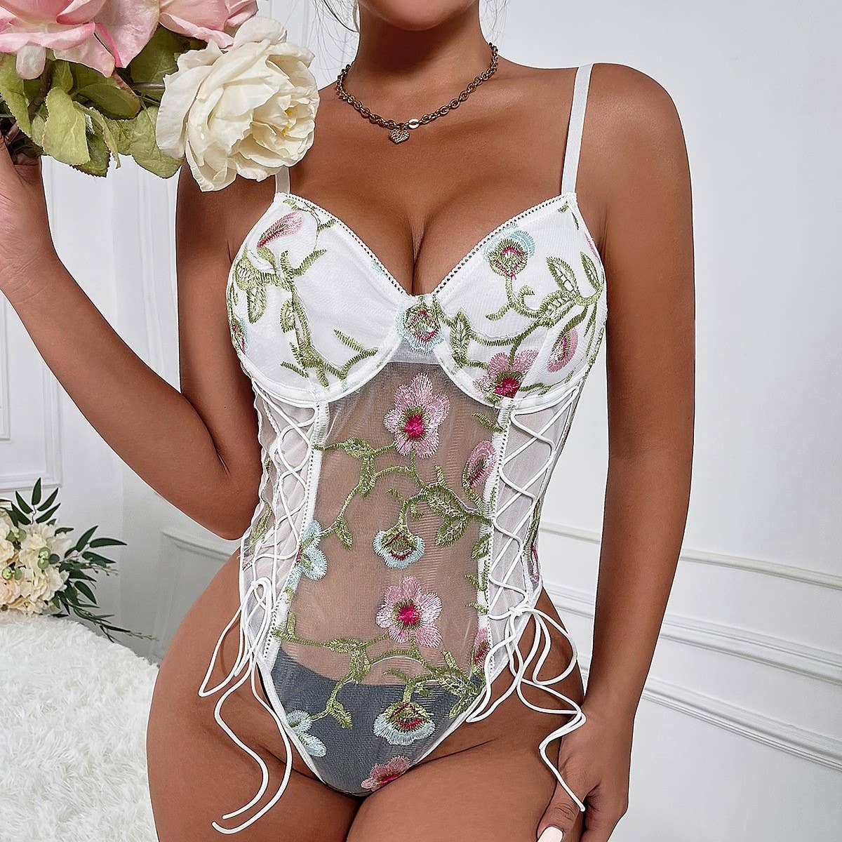 SEXY FLOWER EMBROIDERED SEE THROUGH BODYSUIT_CWMM4649