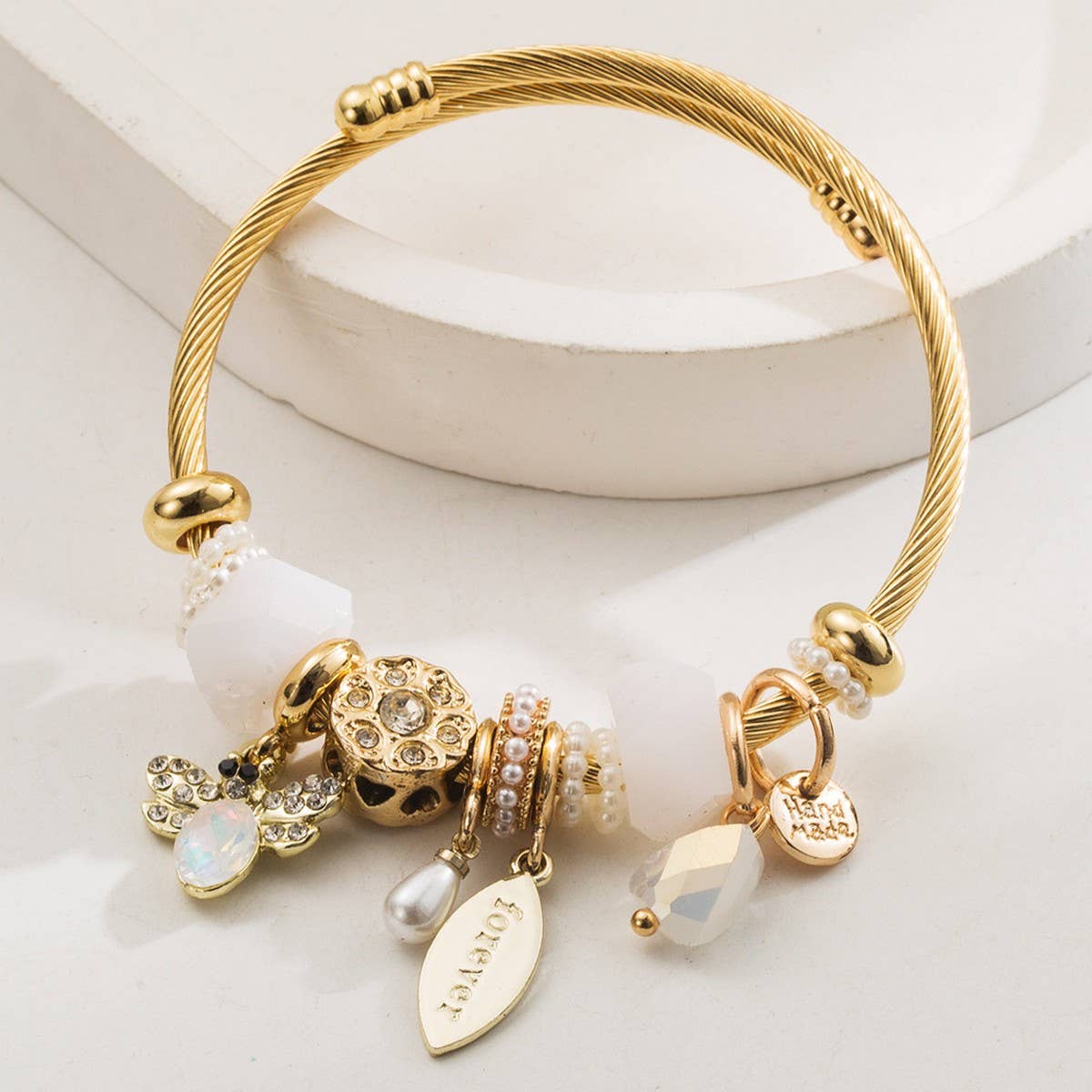 Trendy Stainless Steel Beaded Bee Charm Bracelet_Cwmm8606