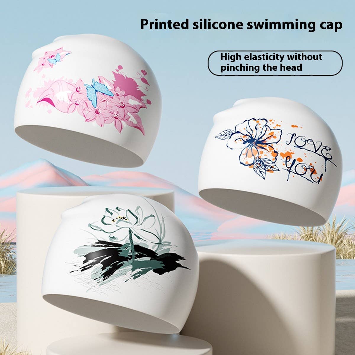 PRINTED SILICONE SWIM CAP FOR WOMEN WITH ANTI SLIP_CWMM6707