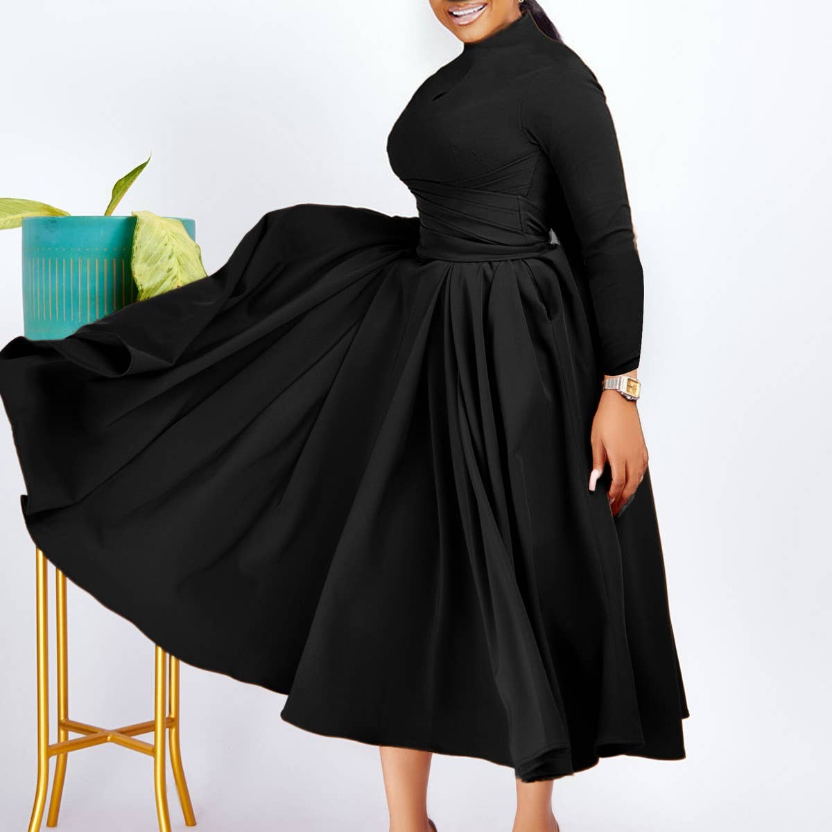 FASHIONABLE PLEATED PLUS SIZE SWING SKIRT DRESS_CWDMD3665