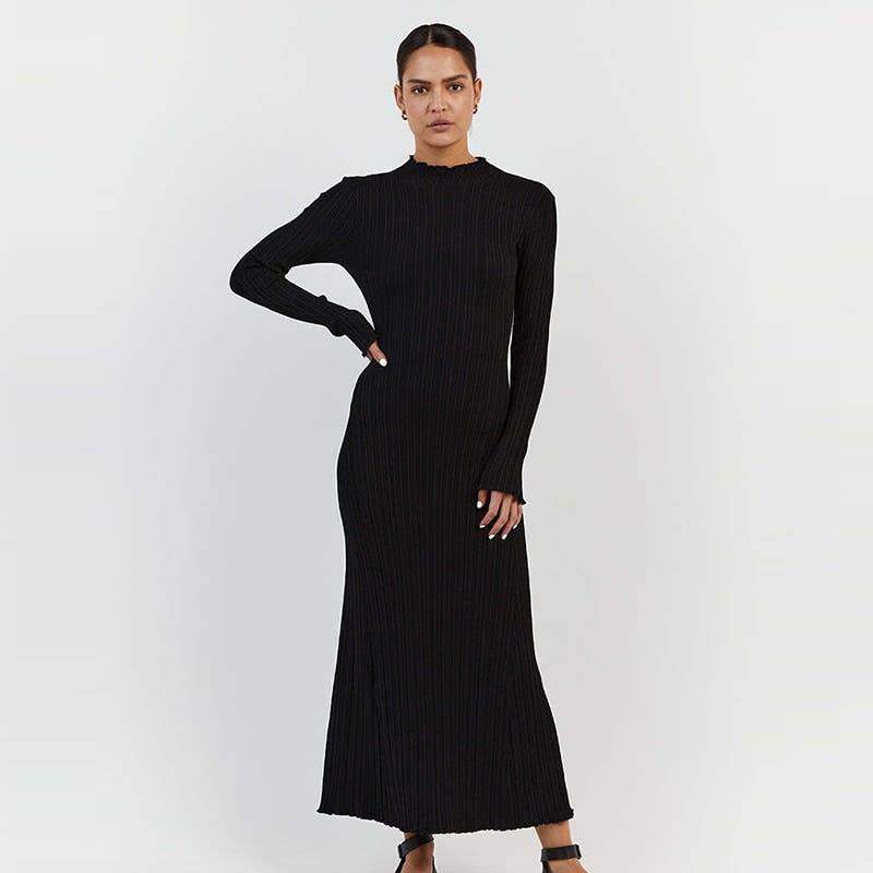 Solid Color Crew Neck Pit Stripe Slimming Dress