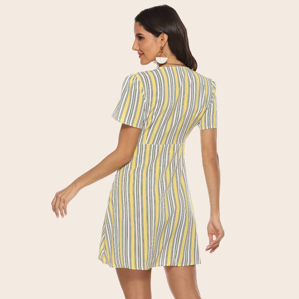 Striped V-Neck Short-Sleeved Skirt Dress