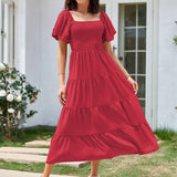 Square Neck Backless Puffy Sleeve Pleated Dress