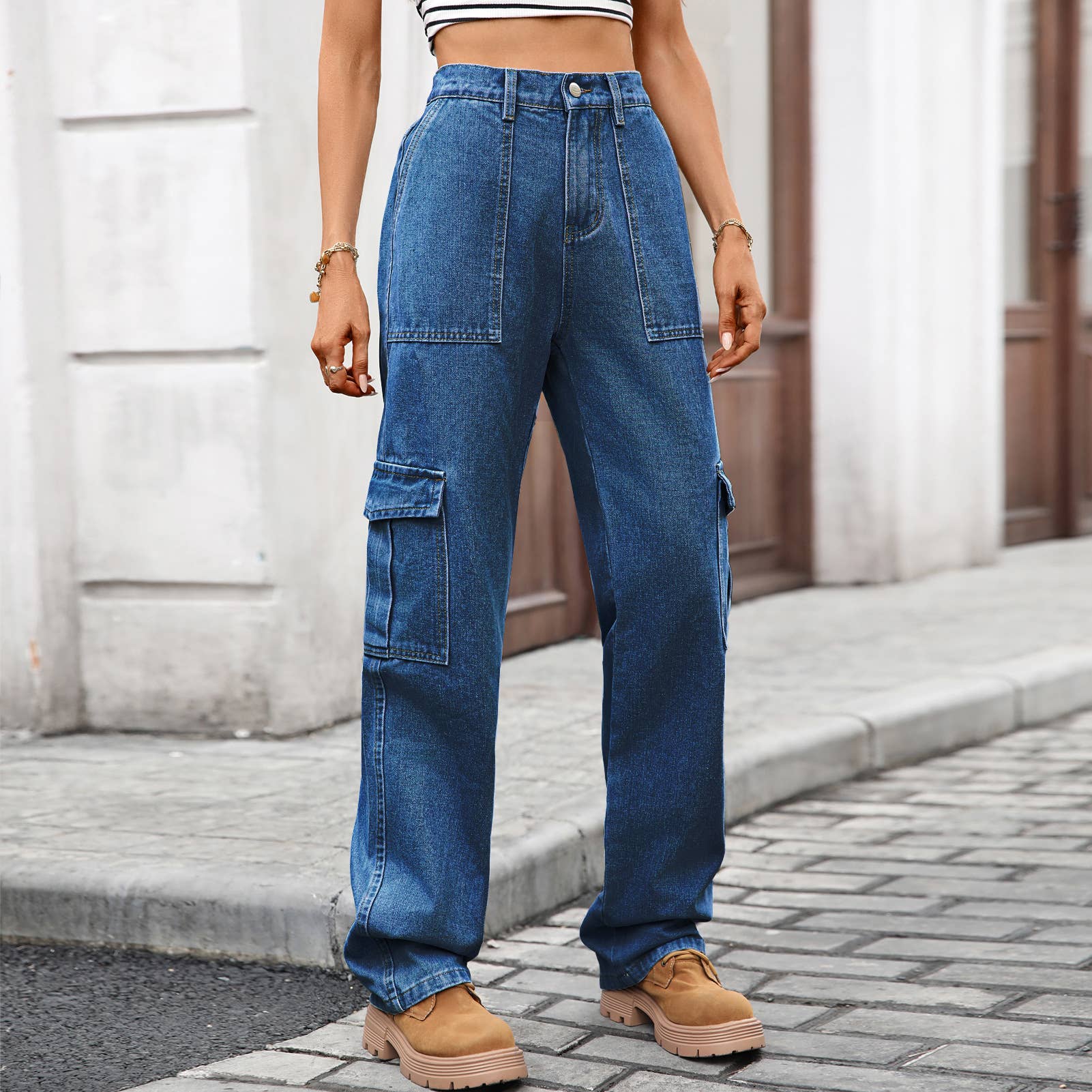 Washed Semi-Elastic Waist Denim Workwear Trousers
