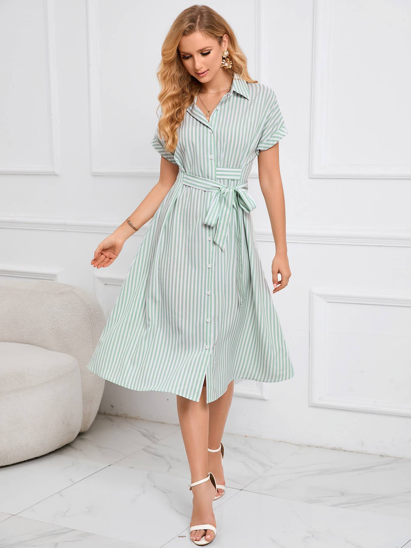 V-Neck Shirt-Style Single Breasted Striped Dress