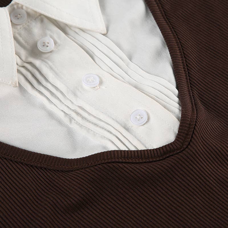 Spliced Fake Two Contrasting Color Lapel T-Shirts