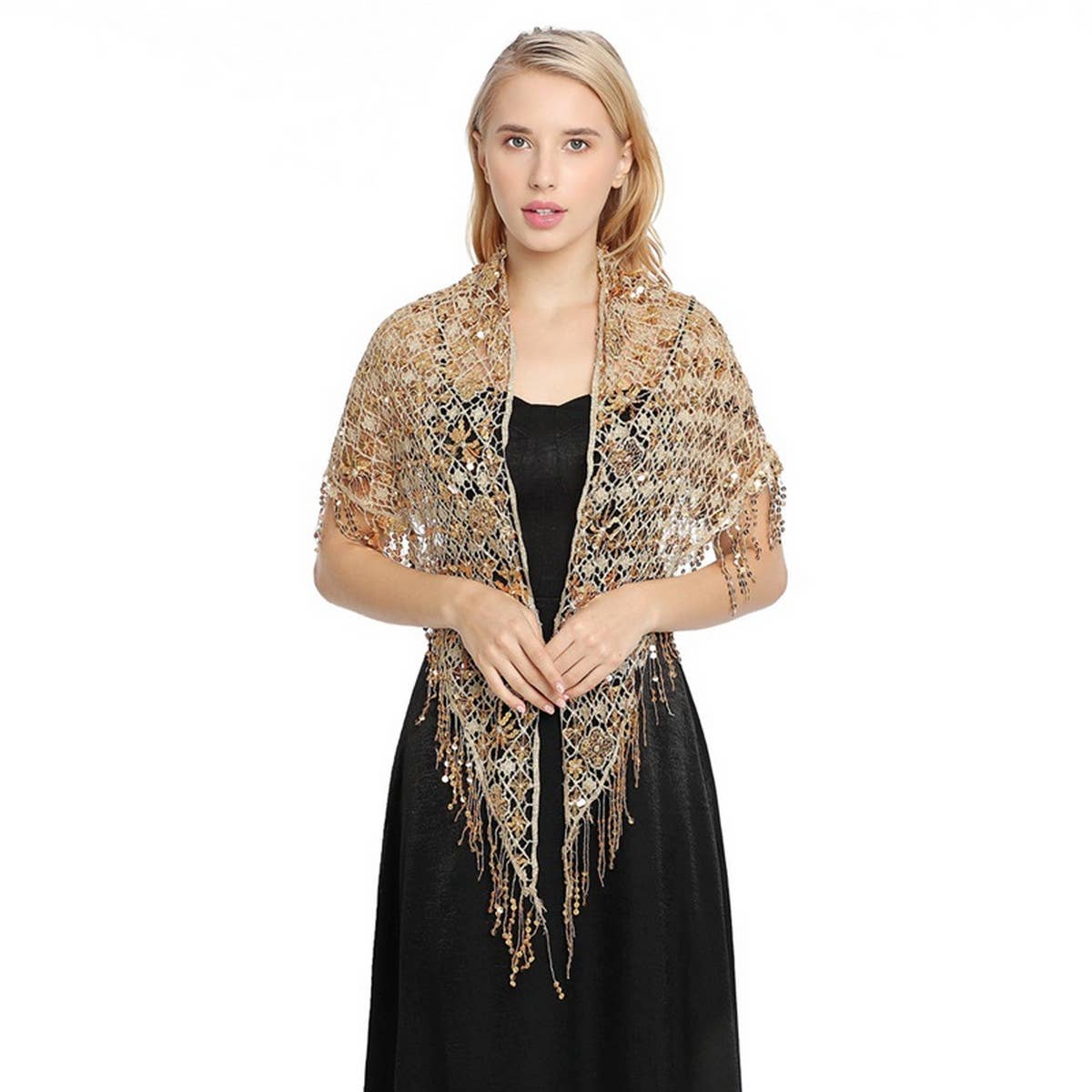 SEQUIN FRINGE TRIANGLE SHAWL BRIDAL PARTY WRAP_CWASC1085