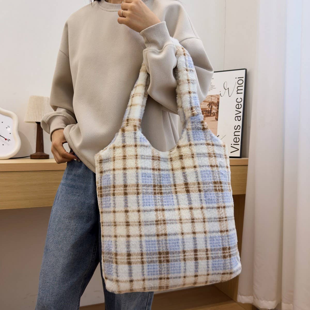 Winter Woolen Shoulder Bag Retro Plaid Plush Bag_Cwab3925