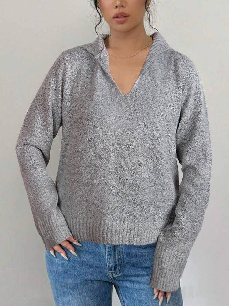 Solid-Color Loose Retro V-Neck Pullover Top