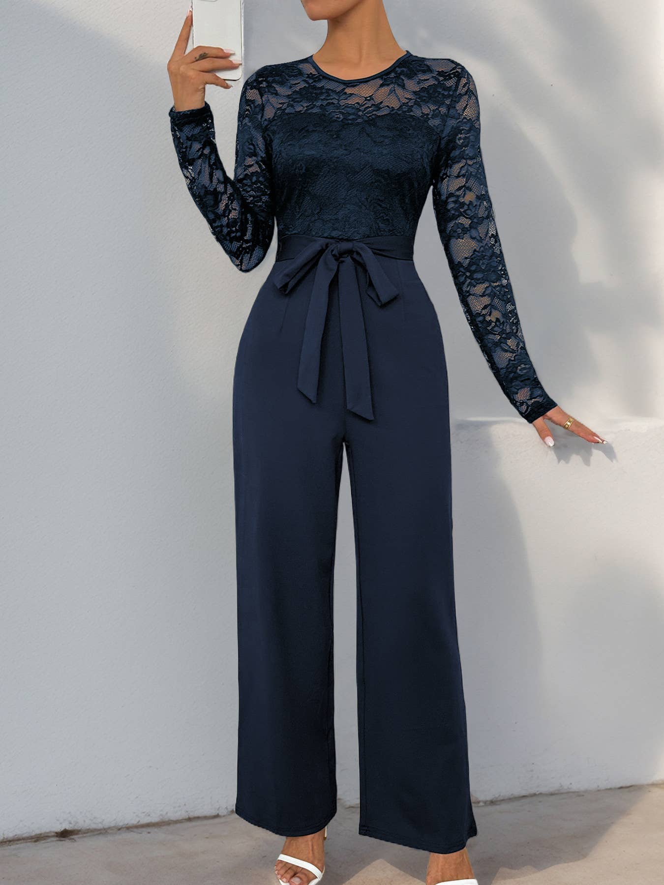 Solid Color Jumpsuit Lace Patchwork Zipper