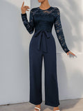 Solid Color Jumpsuit Lace Patchwork Zipper