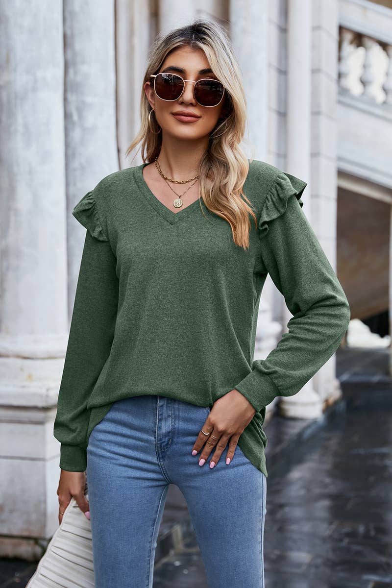 Women V Neck Flying Sleeve Blouse_Cwtbll0575