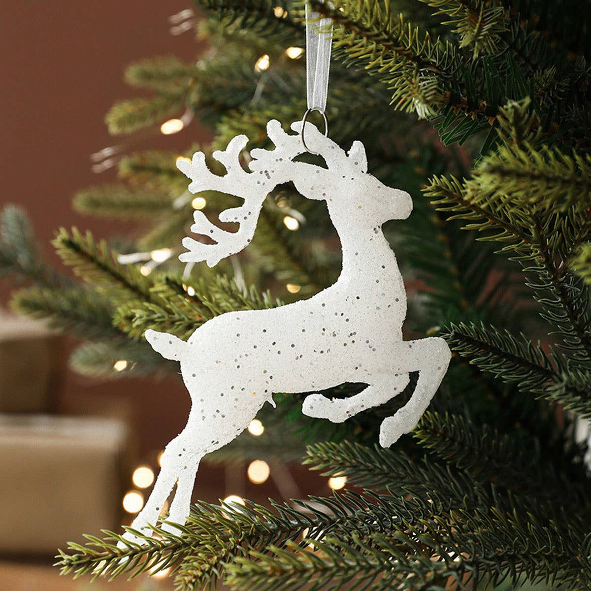PLASTIC WHITE GLITTER DEER XMAS TREE HANGING DECOR_CWMM9783
