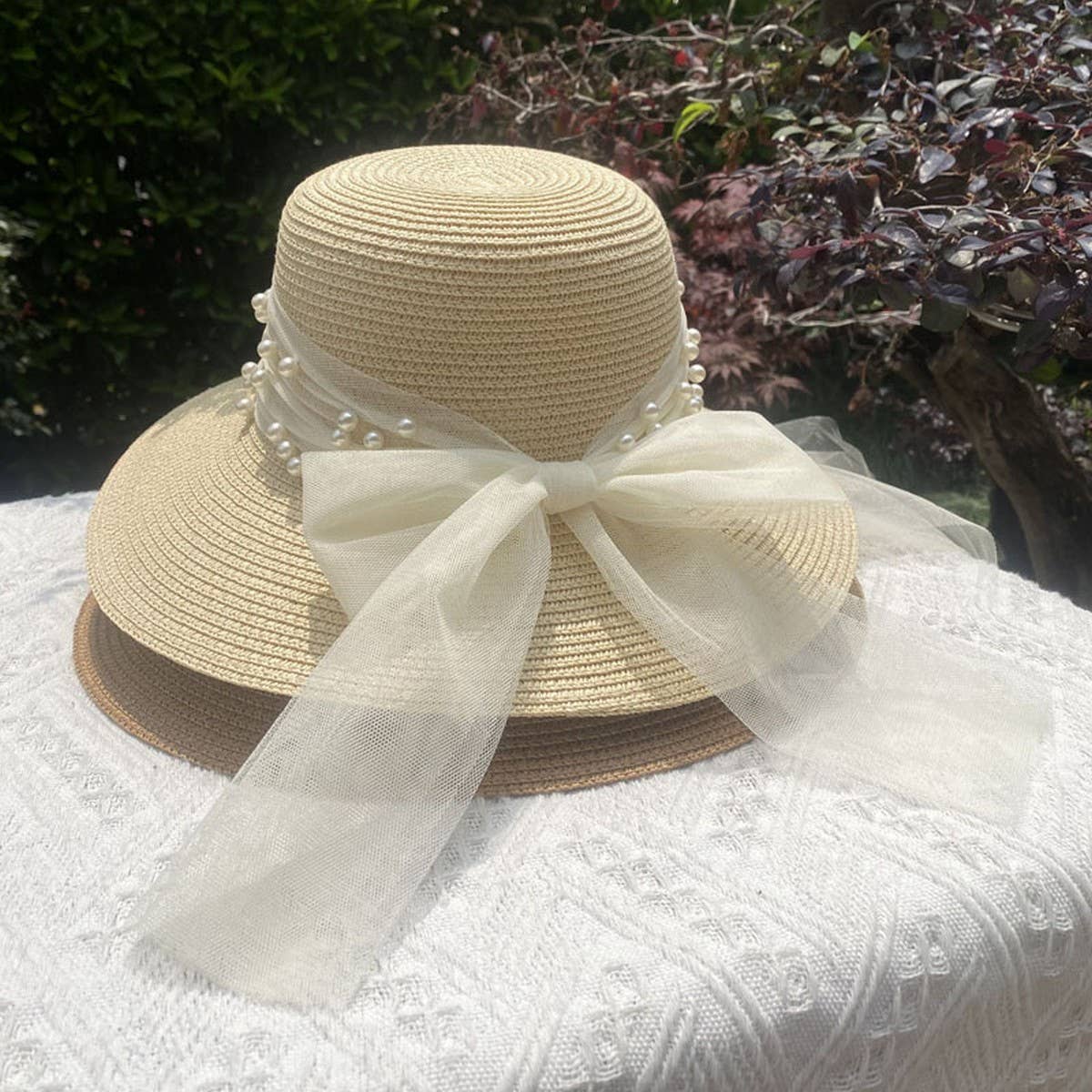 ELEGANT PEARL BOW TIE DECORATED STRAW HAT_CWAH1163