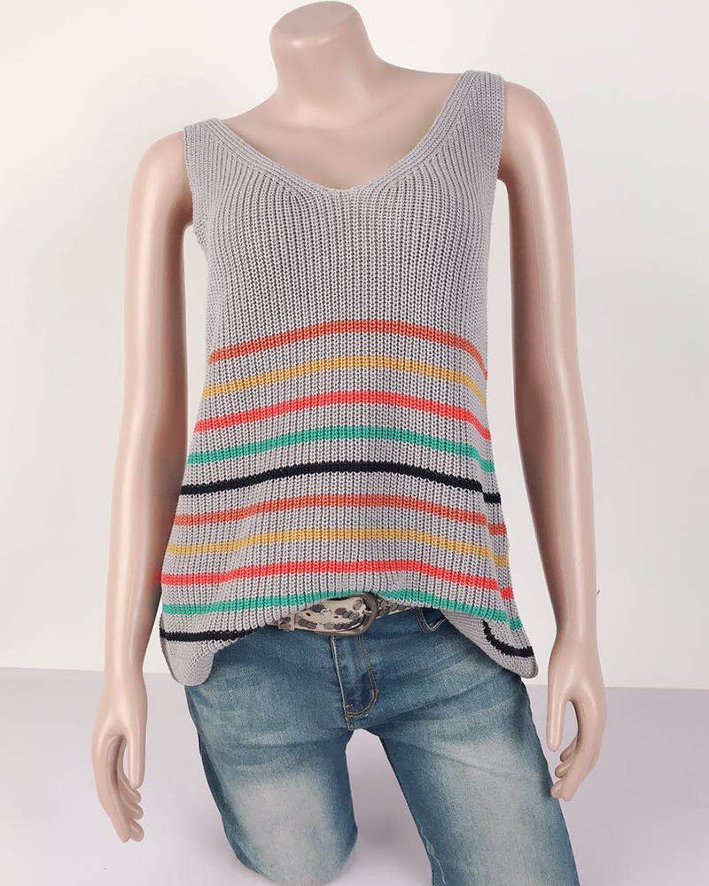 U-Neck Colored Striped Knitted I-Shaped Vest