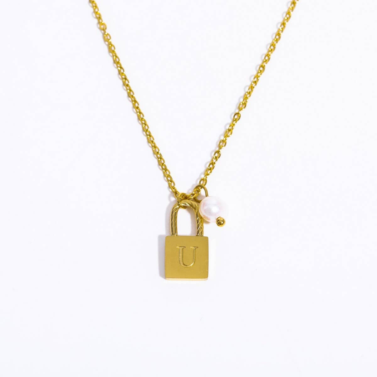 STAINLESS STEEL LETTER PEARL LOCK PENDANT NECKLACE_CWMM5298