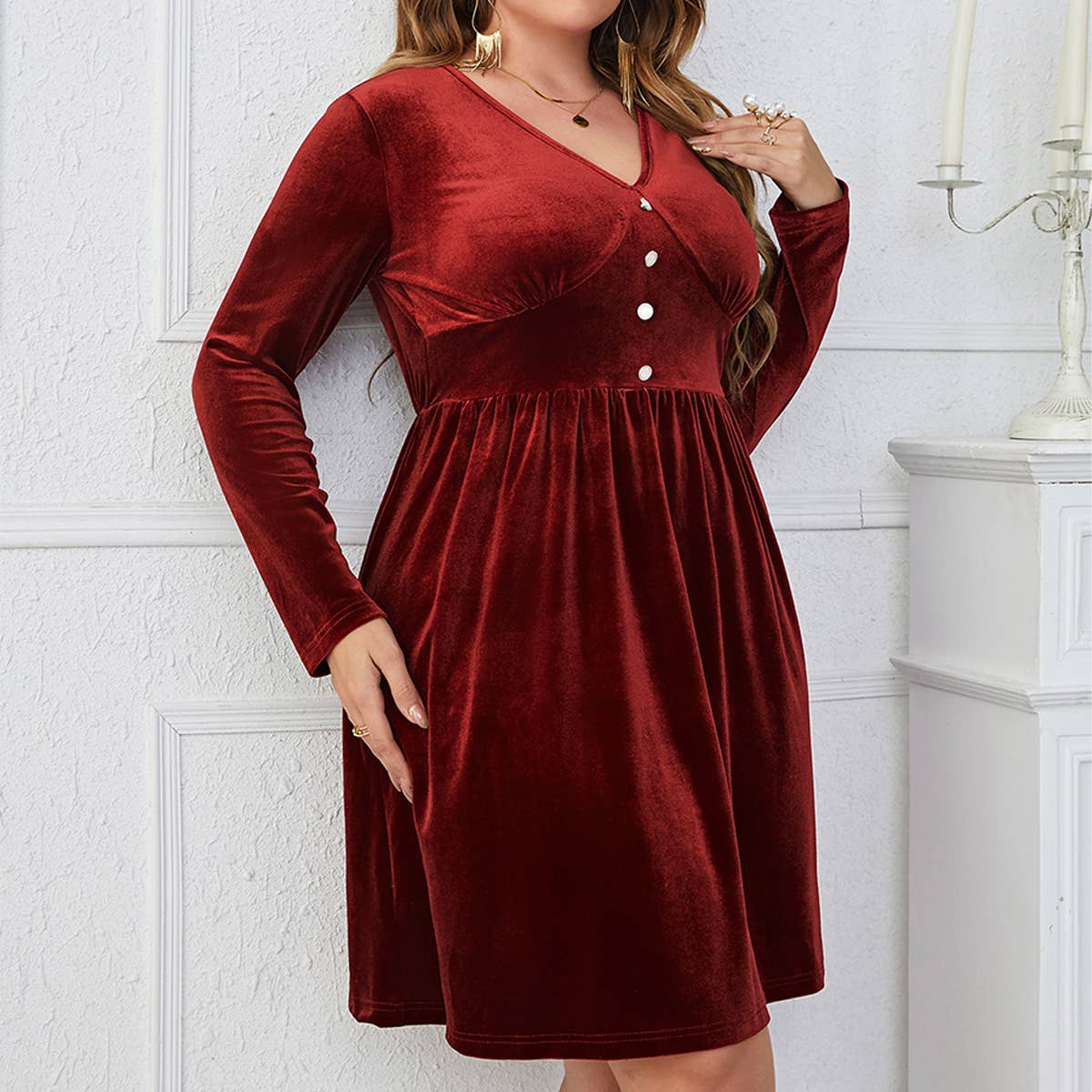DEEP RED V NECK SLIM FIT HIGH WAIST DRESS_CWDSD8476