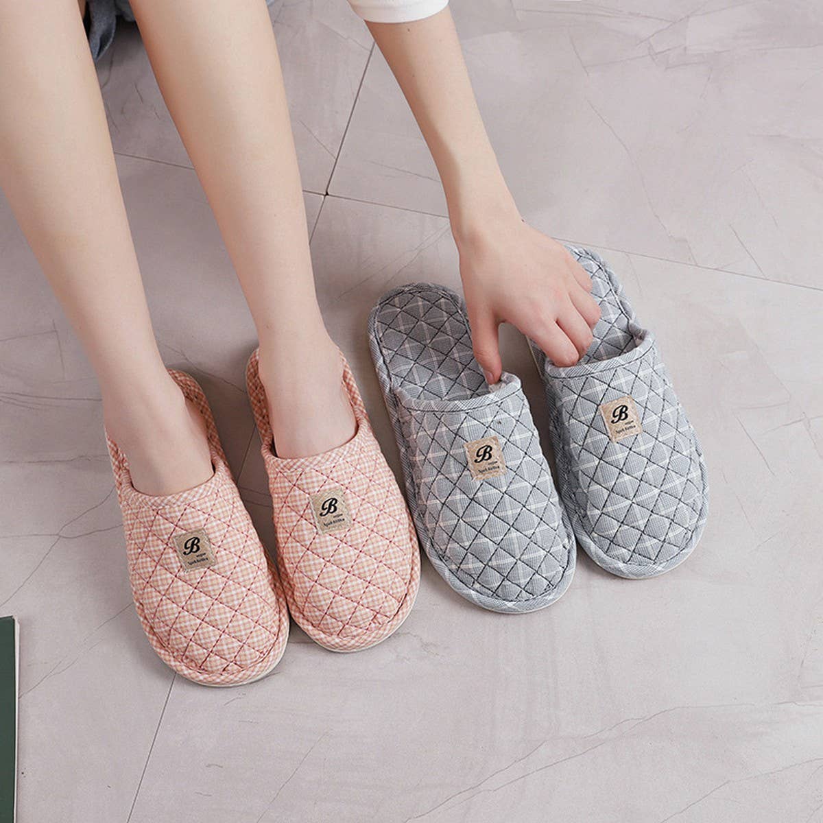 PLAID COTTON CLOSED TOE SLIPPERS WITH RUBBER SOLE_CWSHF0201