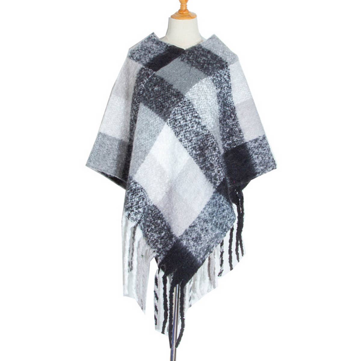 BOUCLE YARN THICK TASSEL COLORFUL PLAID SHAWL_CWASC1208