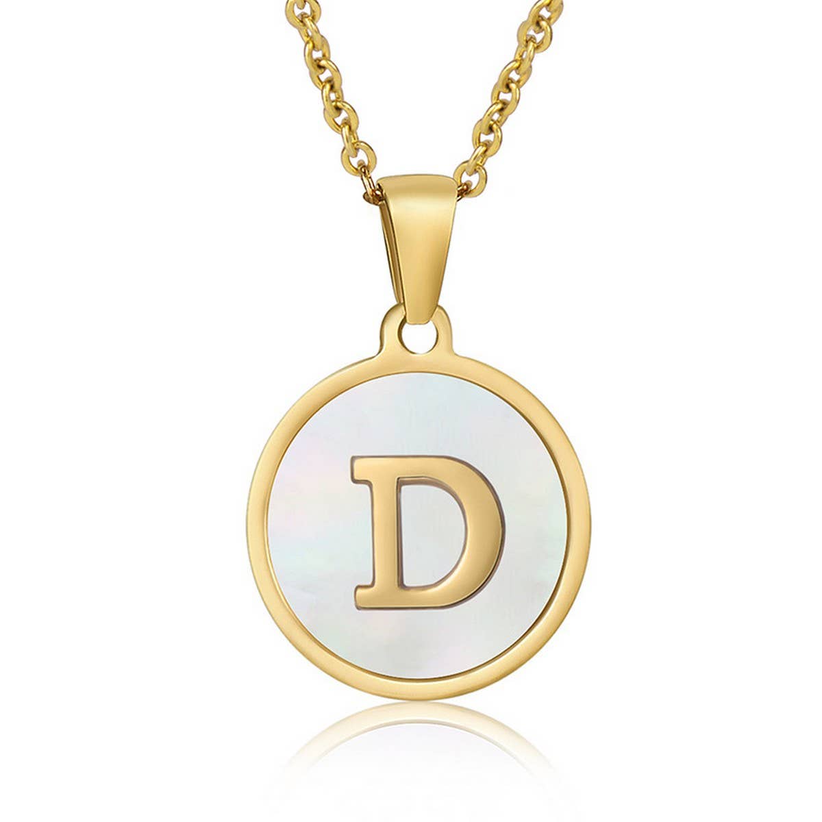 Cwaje1934_Round Stainless Steel White Shell Letter Necklace