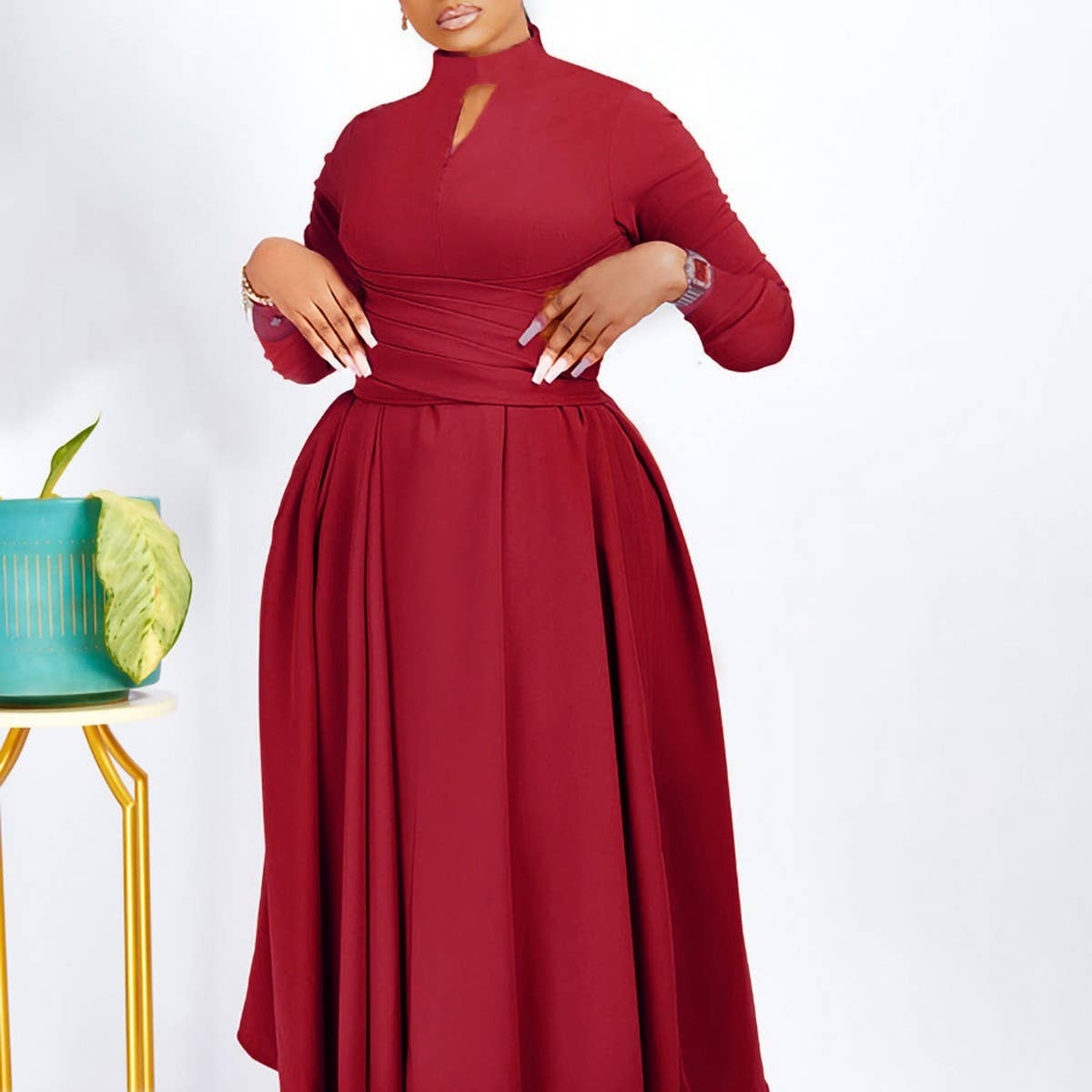 FASHIONABLE PLEATED PLUS SIZE SWING SKIRT DRESS_CWDMD3665