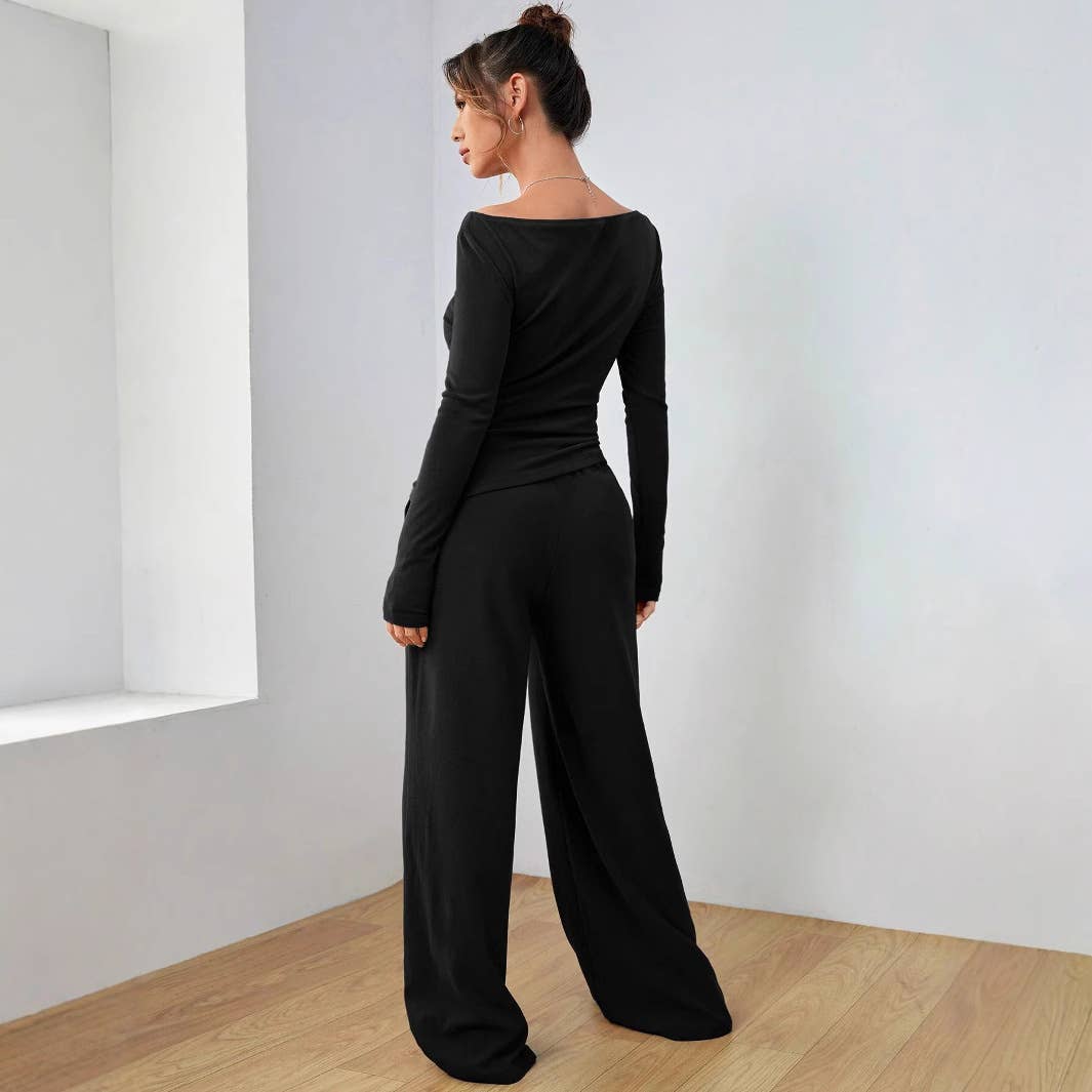 Solid-Color Long-Sleeved Wide-Leg Long Pants Set