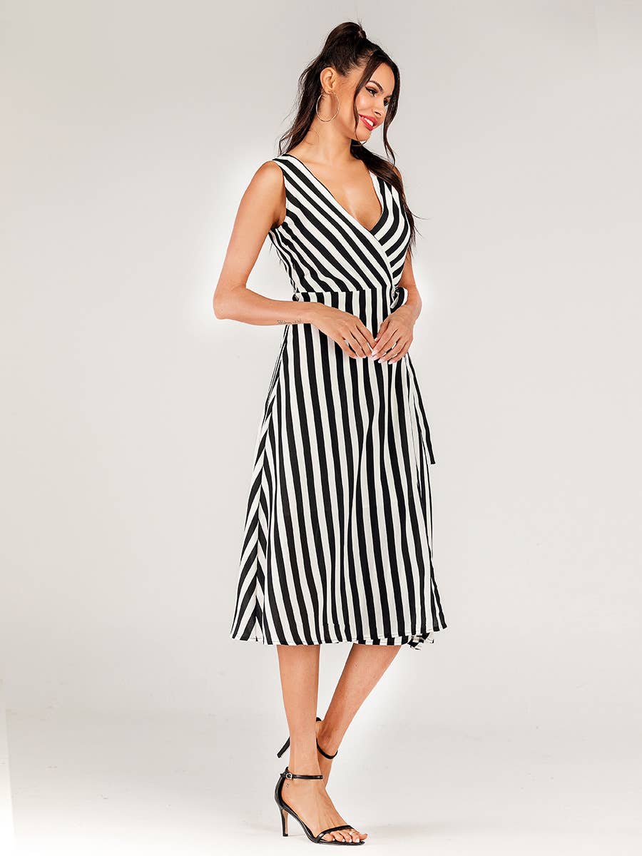 Striped Sleeveless Dress With Lace-Up V-Neck