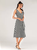 Striped Sleeveless Dress With Lace-Up V-Neck