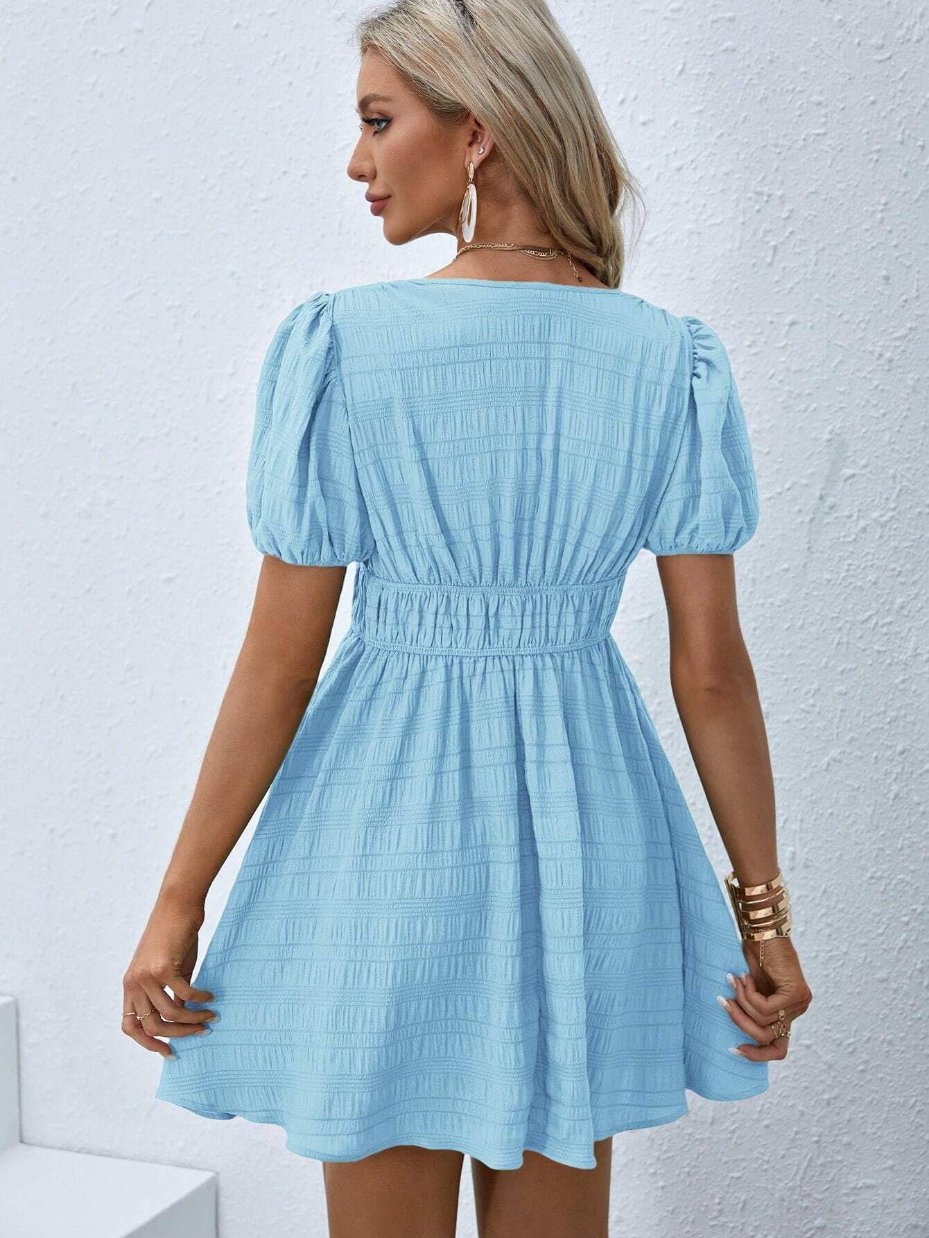 V-Neck Pleated Solid Color Dress