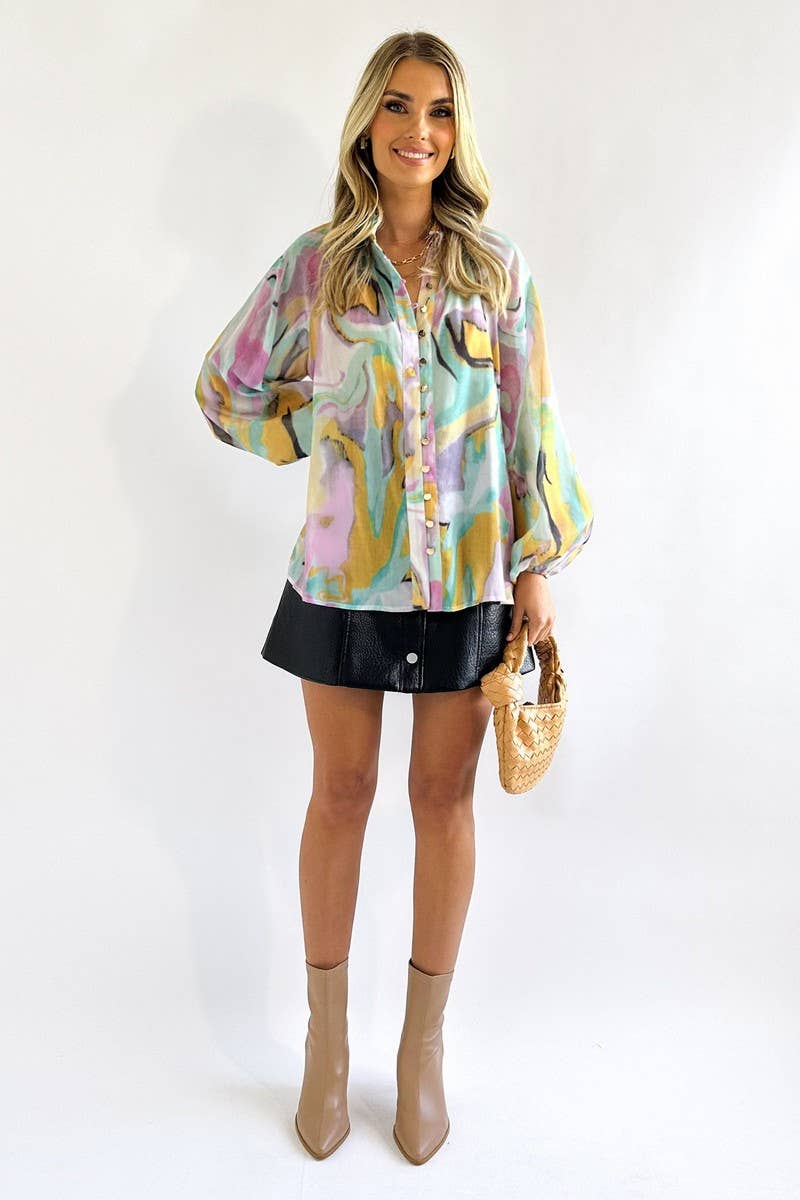 Women Tie Dye Marble Print Button Down Blouse_Cwtbll0359