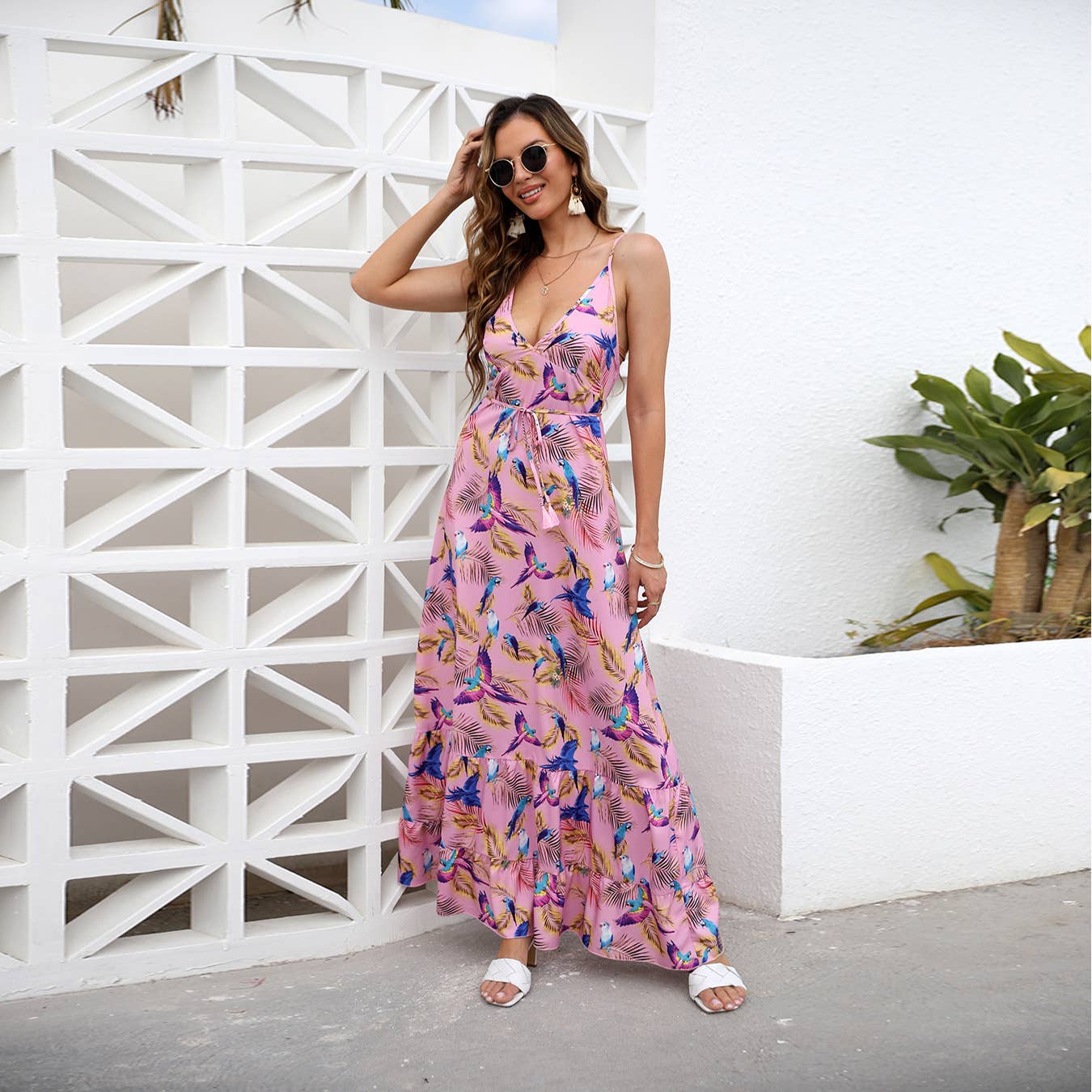 V-Neck Waistband Print Dress