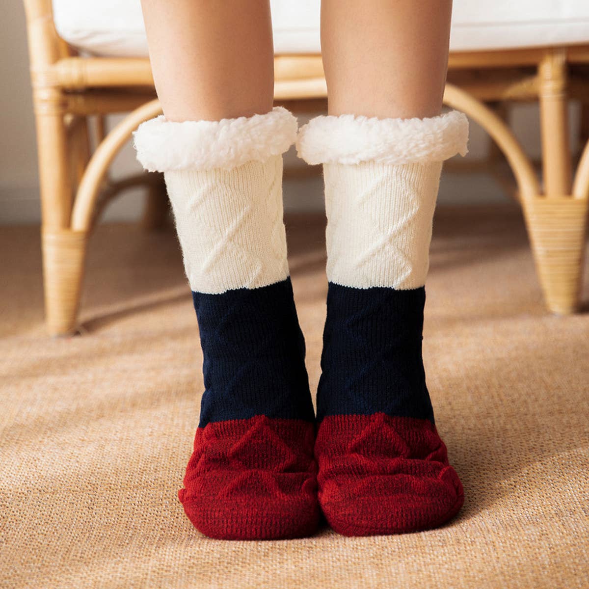 PATCHWORK KNITTED PLAID PLUSH INDOOR SLIPPERS_CWMS0715