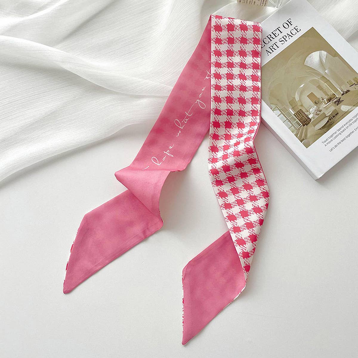 PINK FLORAL SKINNY SCARF HAIR TIE BAG RIBBON_CWASC0708
