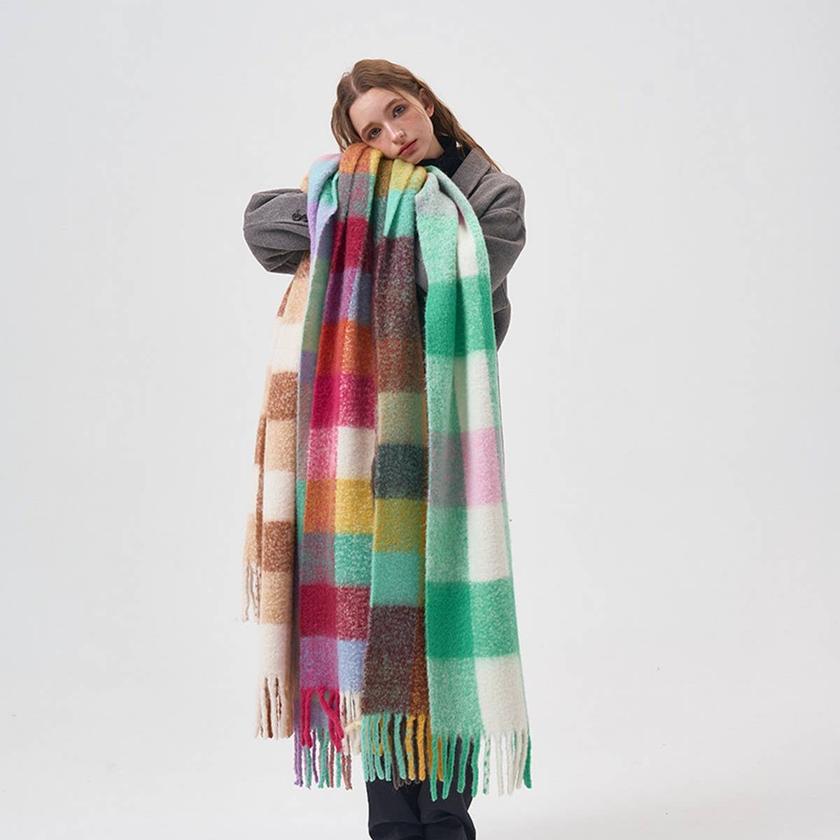 32 WOOL COLORBLOCK PLAID SCARF SOFT WARM_CWASC2365