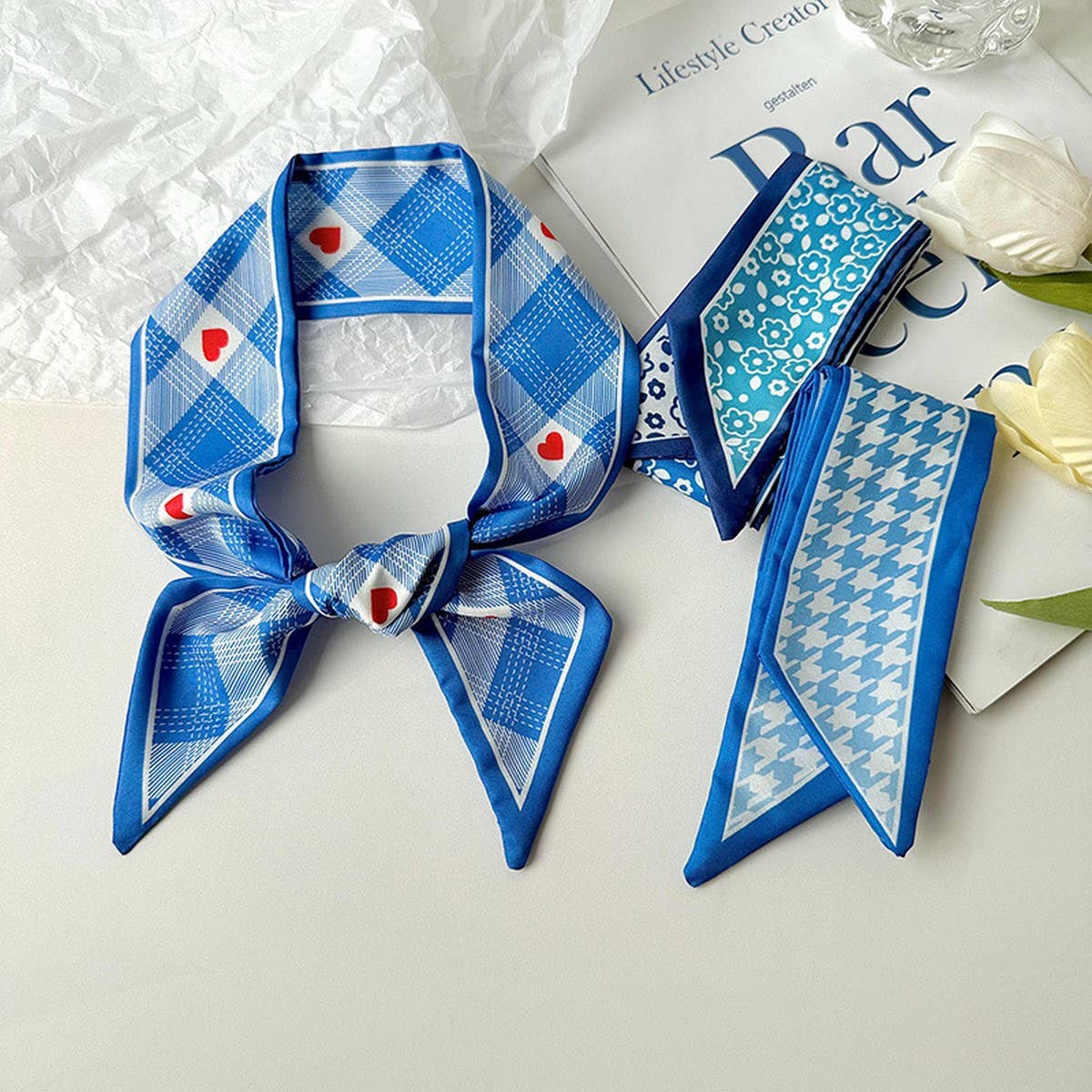 BOW TIED HAIR BLUE SILK SCARF_CWASC0731