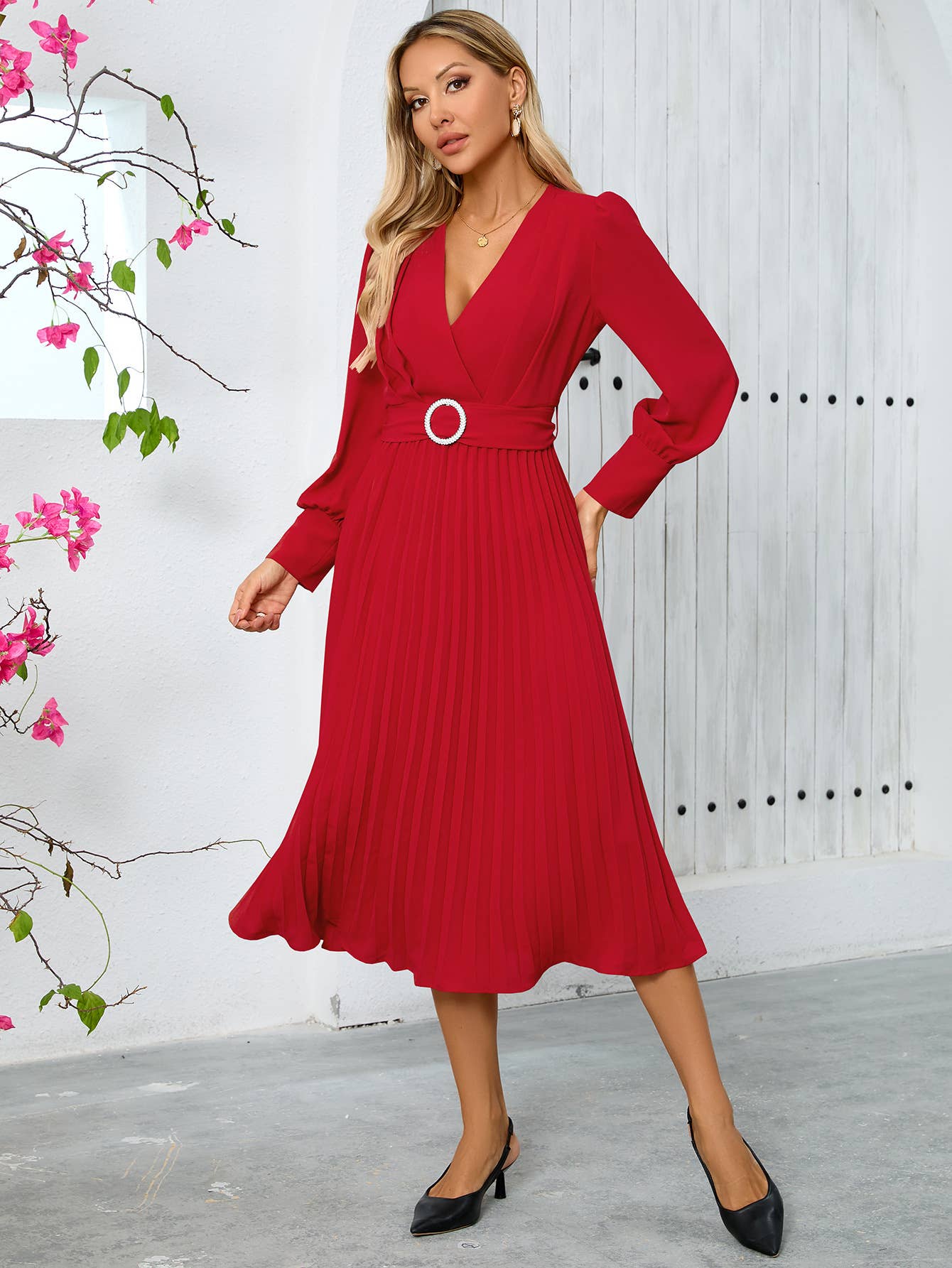 V-Neck Fashion,Slimming Elegant Pleated Dress