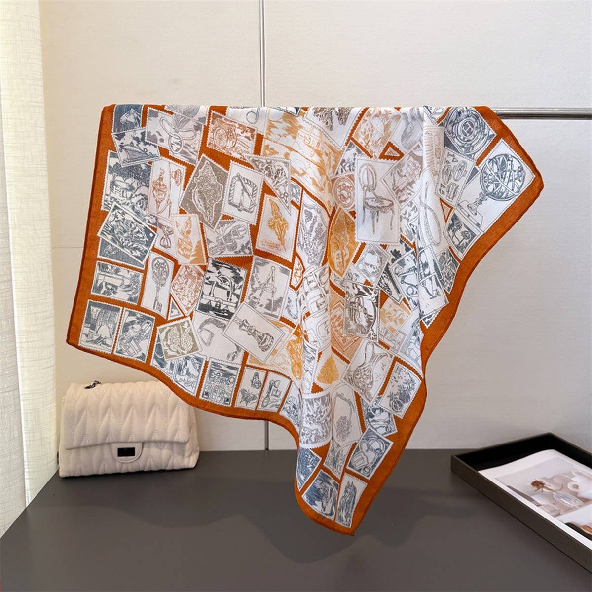 Vintage Stamp Herringbone Linen Feel Scarf_Cwasc03304