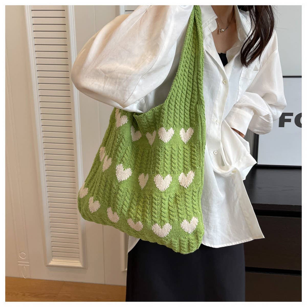 Cwab4569_Heart Pattern Knitted Large Capacity Tote Bag