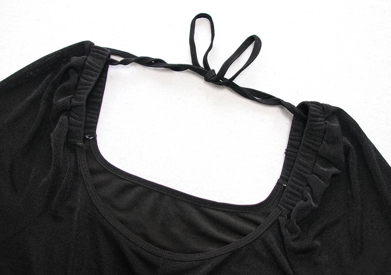 Square Neck Pleated Short Sleeve Midsize Dress